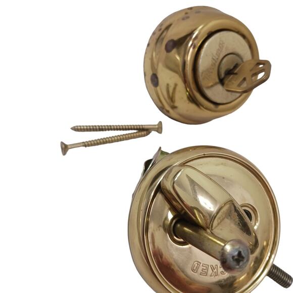 80s Brass French FRONT DOOR KNOB & DEADBOLT Fixtures w 2 Keys Gold Retro Handle - Picture 9 of 16
